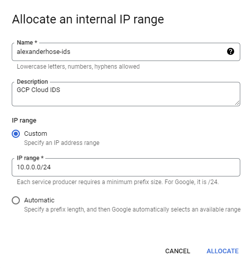 VPC Network details internal ip range