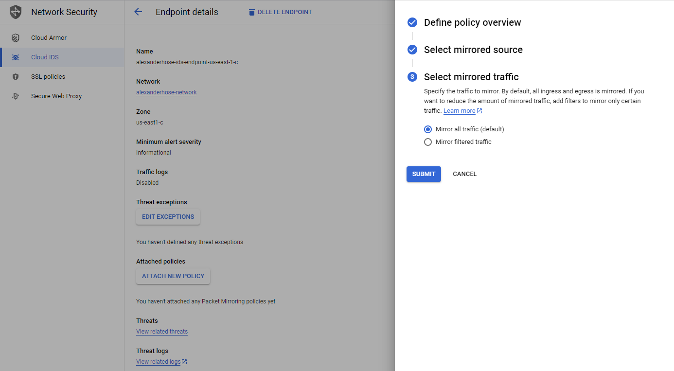 Cloud IDS endpoint mirrored traffic