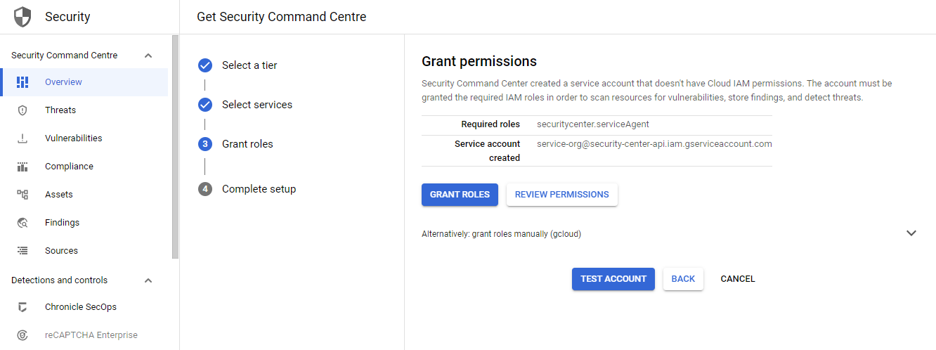 GCP SCC grant roles to service account