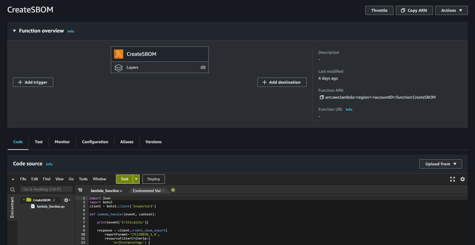 CreateSBOM Lambda function