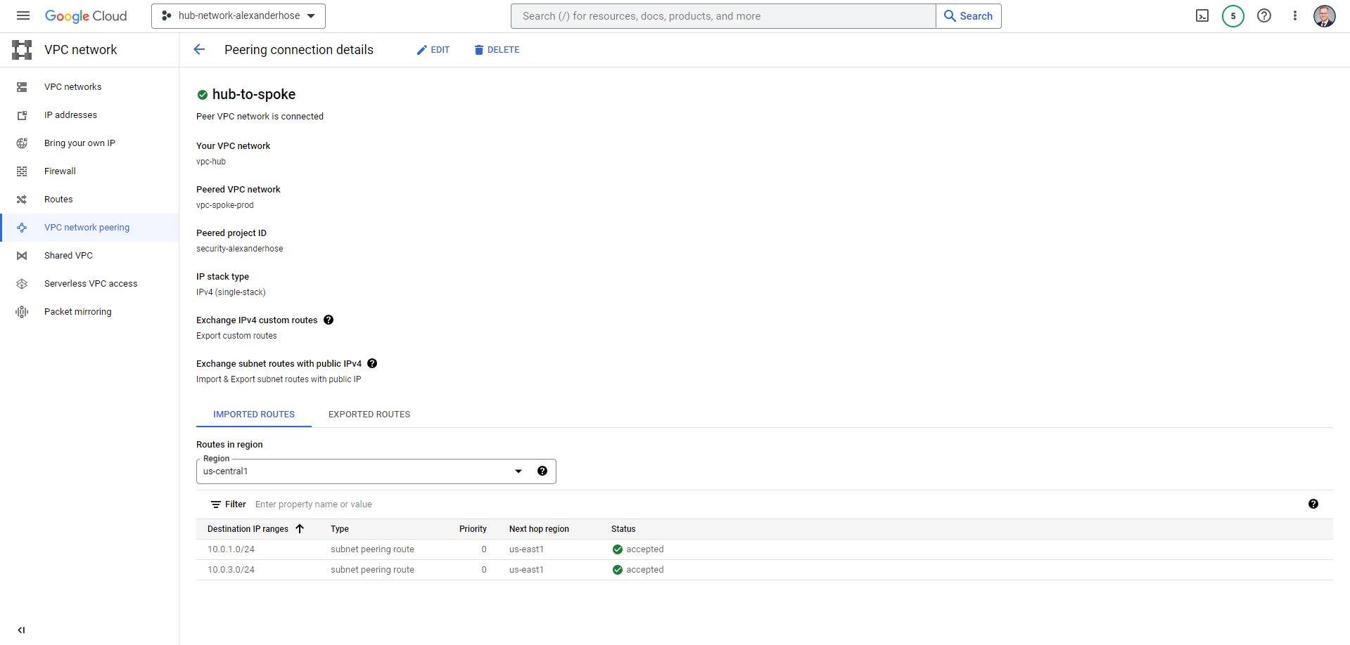 VPC peering connection hub