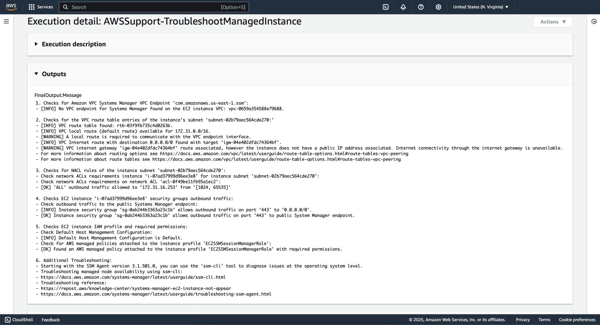 AWSSupport-TroubleshootManagedInstance runbook output