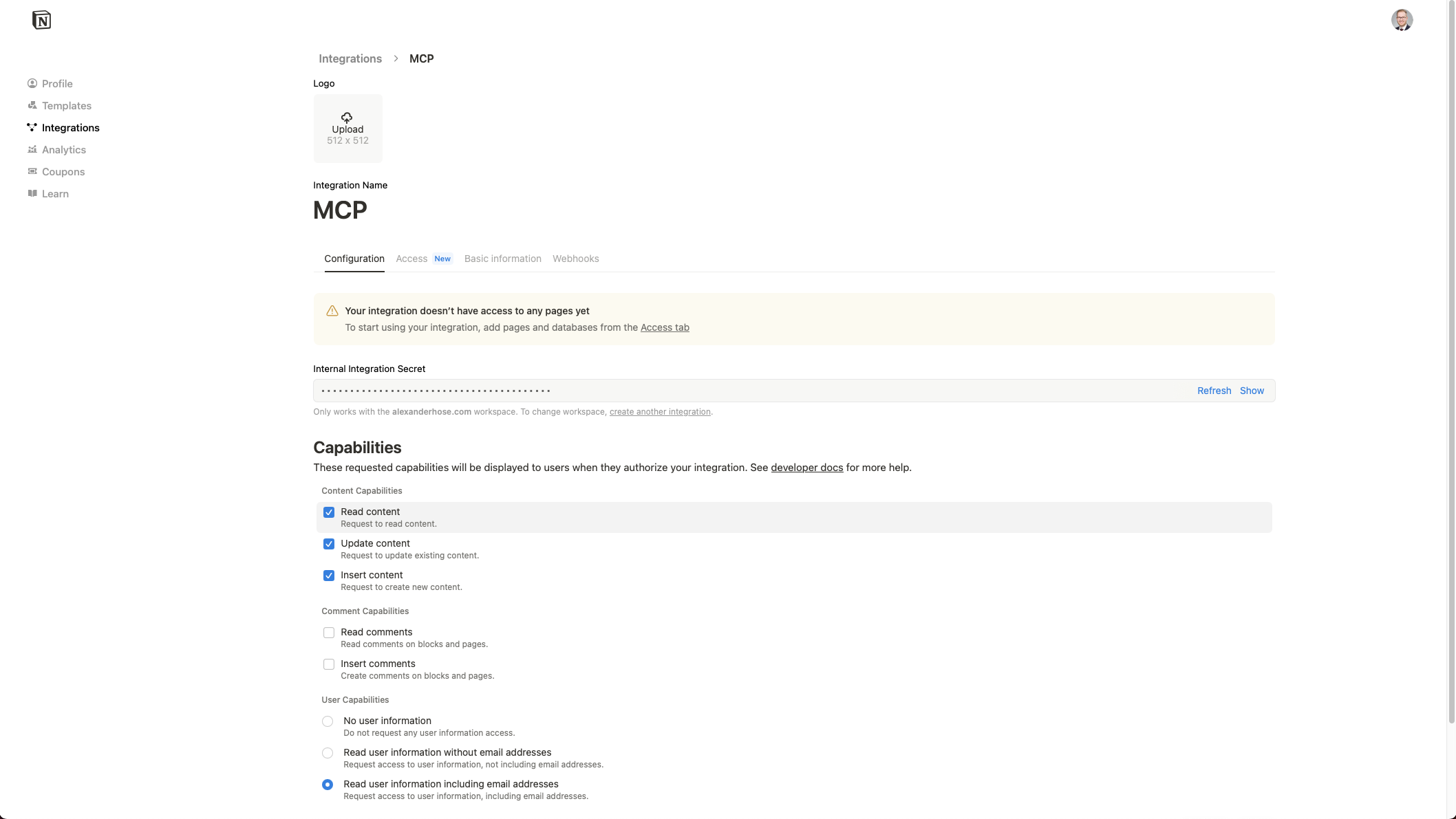Notion New Integration Configuration