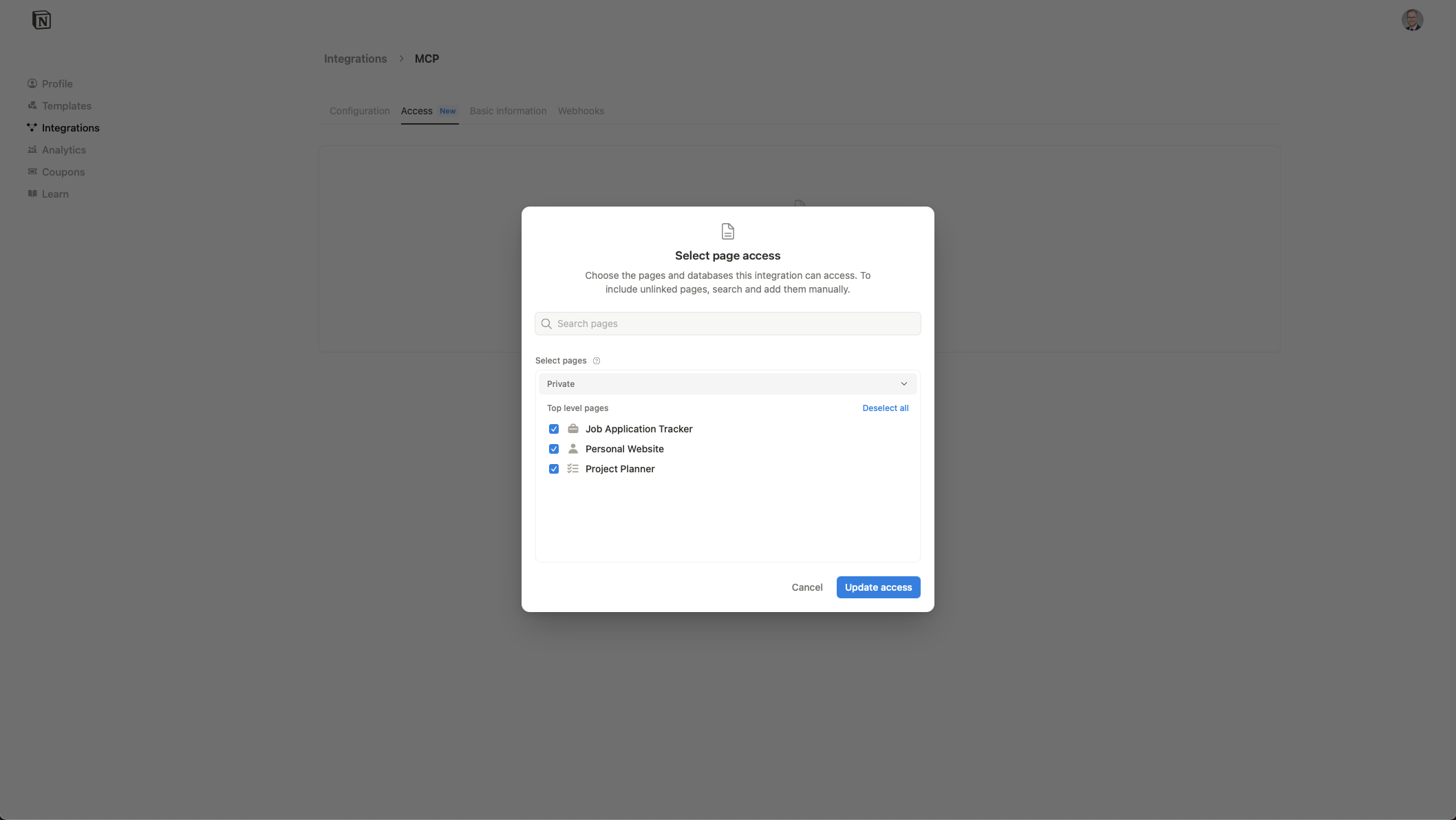 Notion New Integration Page Access
