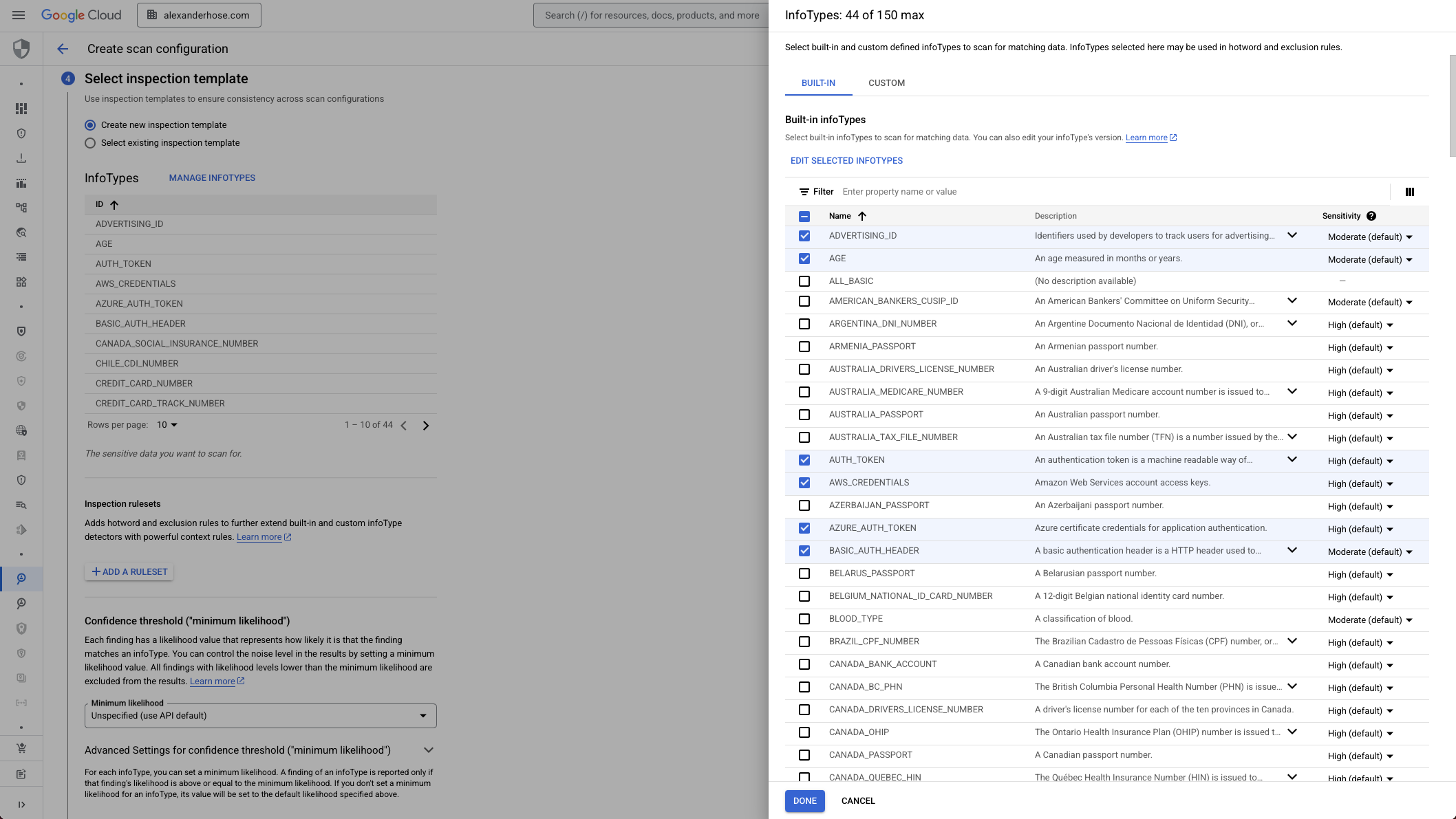 GCP Sensitive Data Protection inspection template