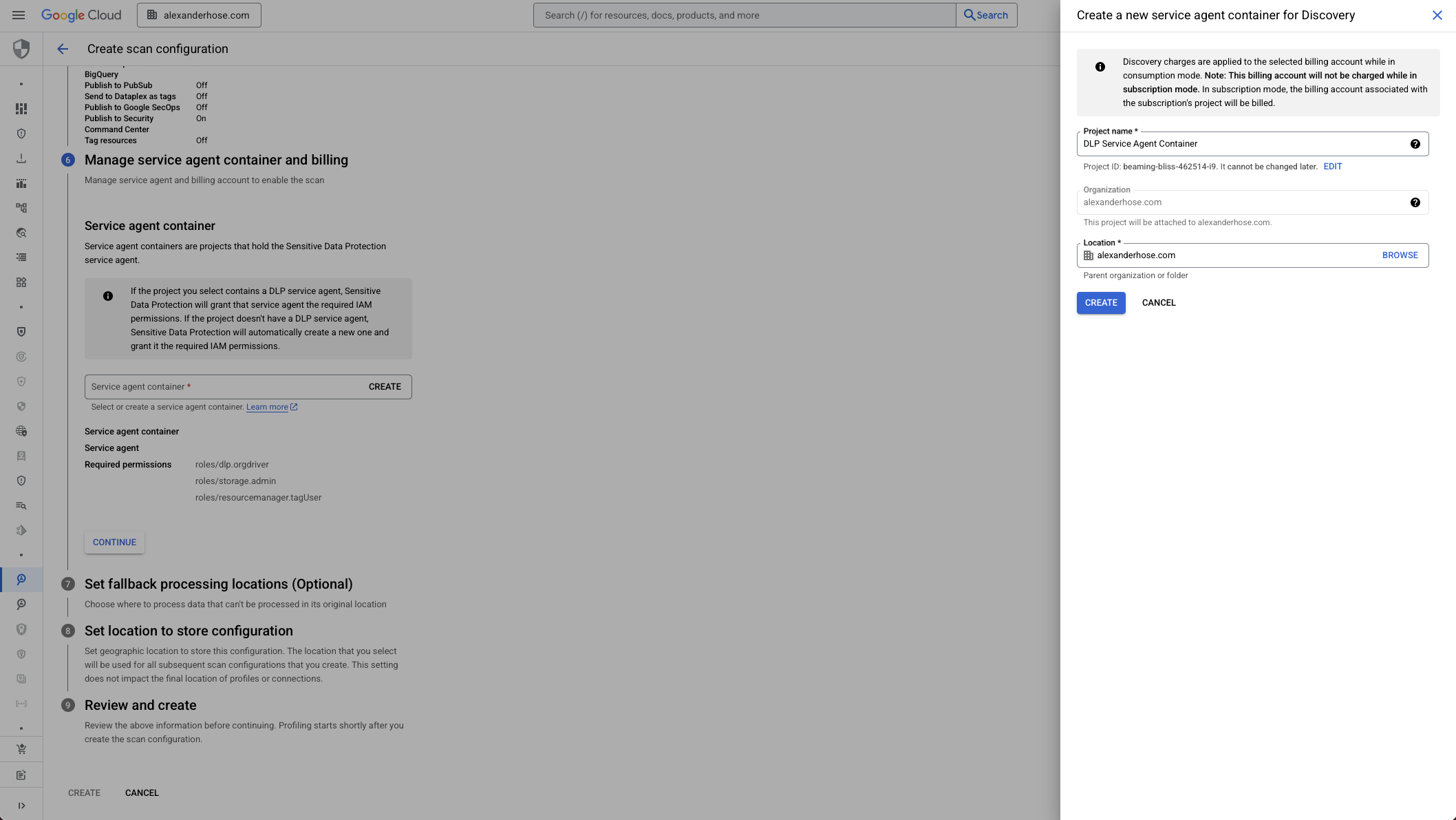 GCP Sensitive Data Protection service agent container and billing