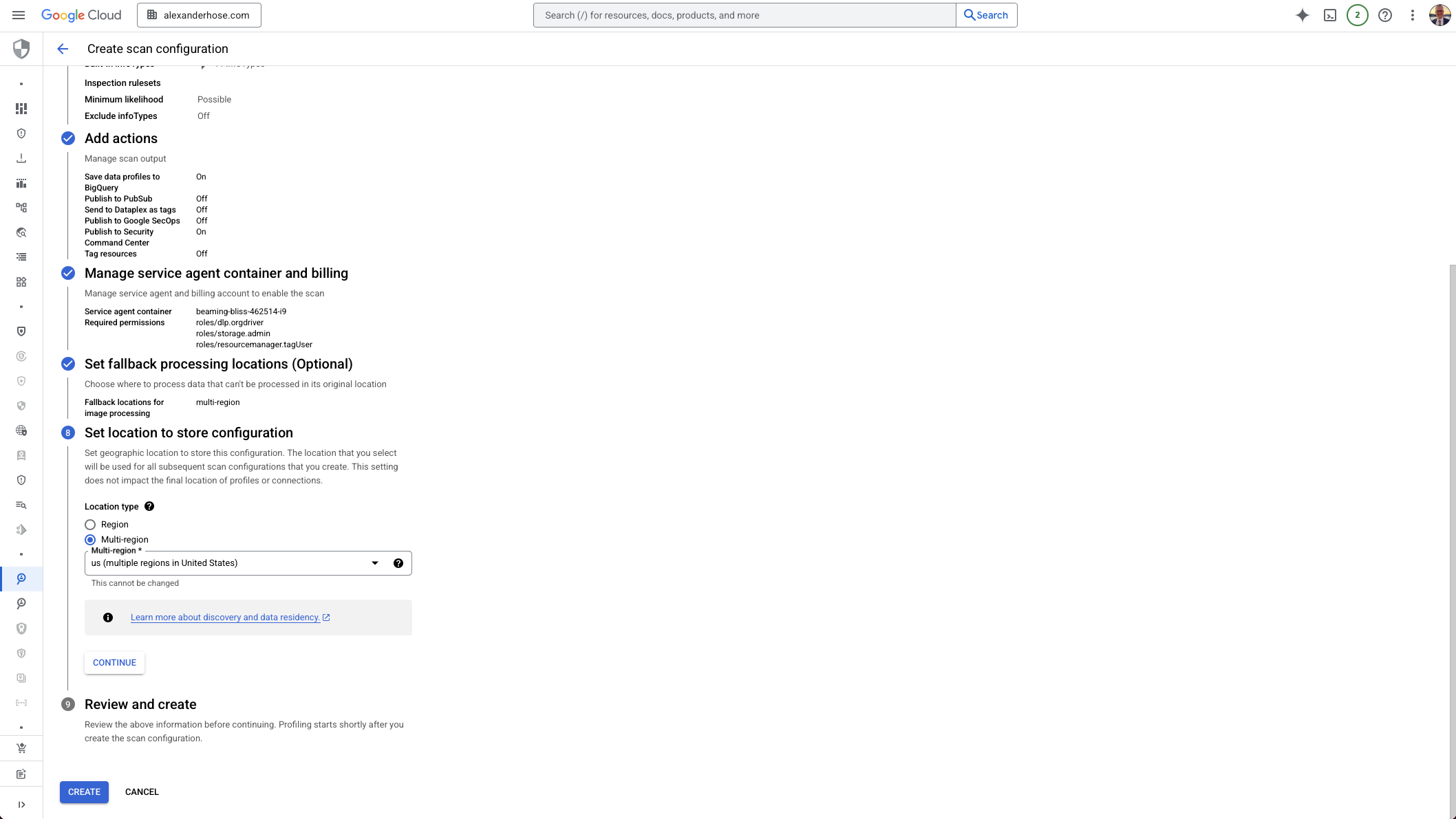 GCP Sensitive Data Protection configuration storage location